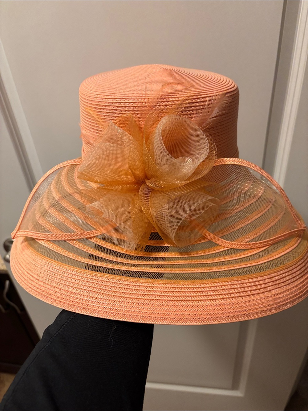 August Hats Peach Organza Bow Wide Brim Women's Hat